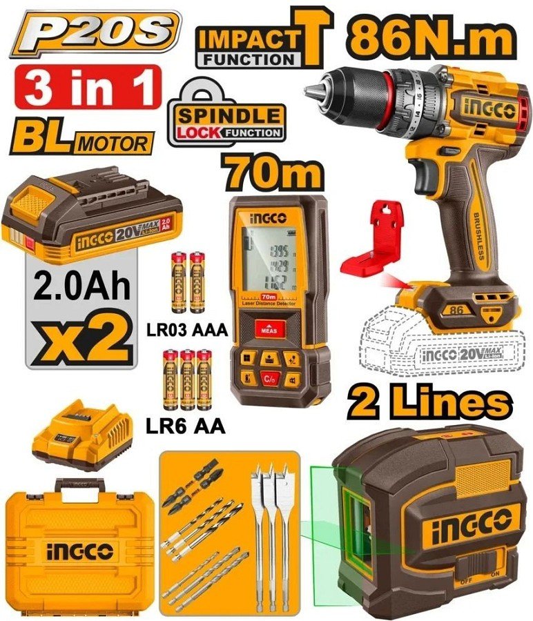 Ingco COSLI251001E Akumulatorski set vibraciona bušilica + zeleni linijski laser + laserski daljinomer